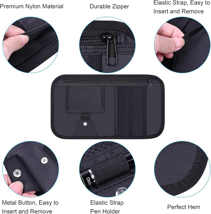 Wisdompro Car Sun Visor Organizer, Registration and Insurance Holder, Black | Auto Sunvisor Pocket, Truck Storage Pouch with Elastic Strap for Sunglass, Glasses, Documents, Cards, Pen, Drivers License - Image 4