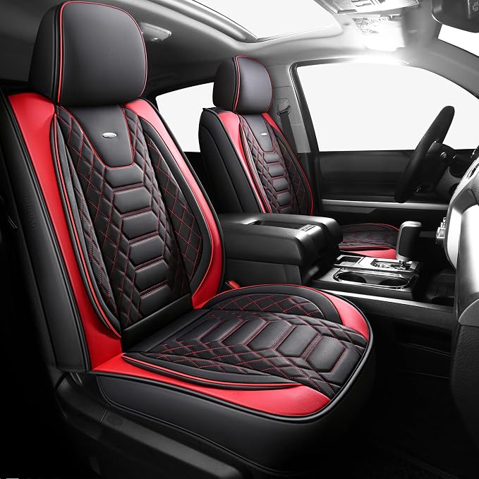 FREESOO Custom Leather for Toyota Tundra Seat Covers 2007-2013 Crewmax Cab | Fit for Crewmax Cab 5 Seats, Full Set, 60/40 Split Bench, Faux Leather, for Truck Toyota Tundra Accessories, BlackRed by FREESOO