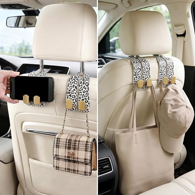 Car Hooks for Headrest: 2Pcs Car Headrest Hook with Leopard Leather | With Double Metal Hooks - Purse Hook For Car - Car Headrest Hooks - Car Bag Hooks for Purses, Handbags, Bags - White Leopard - Image 7