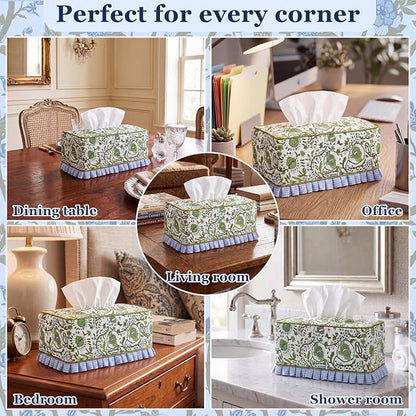 Block Print Fabric Tissue Box Cover, Floral Cluster, Bean Green | Rectangular Ruffle Sleeve, Decorative Holder for Bathroom Vanity Car, Napkin Dispenser Grand Millennial Boho Decor Home - Image 6