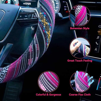 Boho Steering Wheel Cover Elastic Microfiber for Women, Universal Fit 15 inch Car SUV, Hippie Style Protector Cover, Anti-Slip, Breathable, Absorbing Sweat - 03 - Image 3
