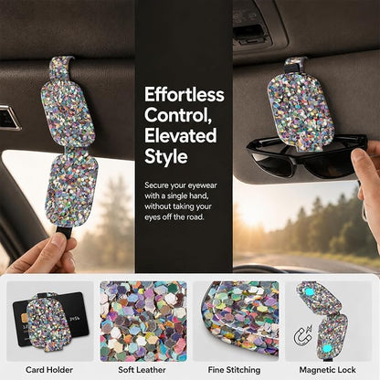 Sunglasses Holder for Car Visor, PU Leather Glasses Clip Organizer, Cute Magnetic Eyeglass Holder for Vehicle Sun Visor, Car Interior Accessory for Women & Men, Glitter - Image 5