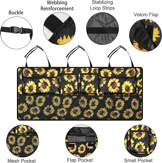 Femuar Car Trunk Organizer,Large Capacity Backseat Organizer(42 in*18 in),Collapsible Storage Bag with 8 Pocekt,Car Organizer for SUV/MPV/Truck - Sunflower TLAG-0114 - Image 4