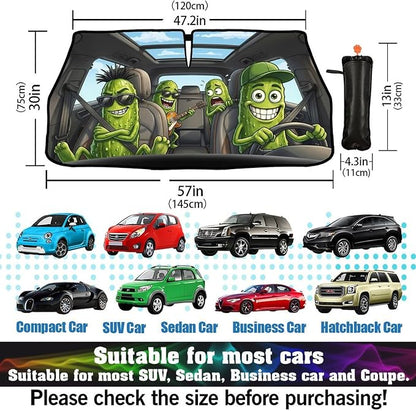 Socira Funny Pickle Car Windshield Sun Shade Umbrella Pickle Gifts | Foldable Sunshade for Front Window Auto Windshield Sunshade Covers Car Accessories Protect from Sun Rays Heat 57'' X 30'' - Image 3