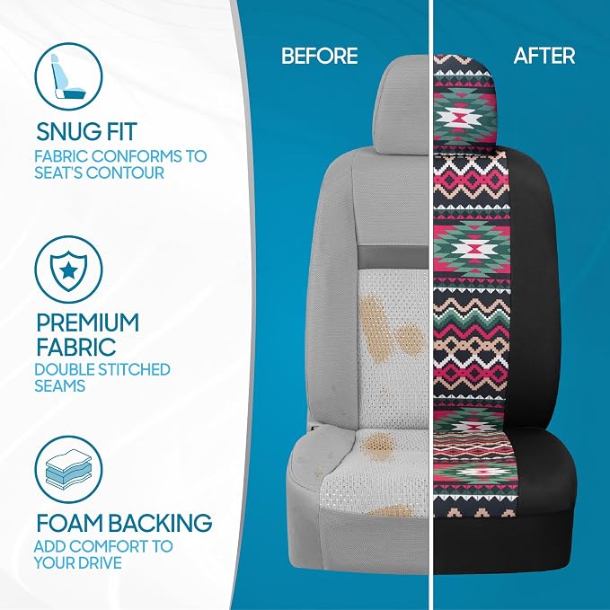 BDK Pink Inca Car Seat Covers for Front Seats, 2 Pack– Geometric Print Front Seat Cover Set with Matching Headrest, Sideless Design for Easy Installation, Universal Fit for Car Truck Van and SUV - Image 6