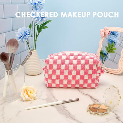 PAZIMIIK Checkered Makeup Bag for Purse, Small Travel Cosmetic Pouch,Pink | Cute Zipper Makeup Organizer for Women, Travel Essentials, Toiletries, Makeup Brushes, Beauty Accessories&Bridesmaid Gifts - Image 3