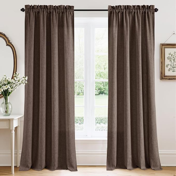 RYB HOME Natural Linen Sheer Curtains 95 inches Long for Living Room | Weave Textured, Rod Pocket, Light Filtering, Brown, for Dining Room, W52 x L95, 2 Panels Set by RYBHOME