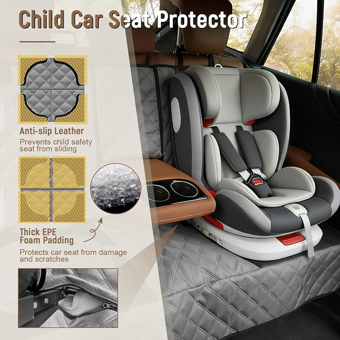 Dog Car Seat Cover for Back Seat, Heavy Duty Nonslip Car Seat Protector for Child Car Seat, Waterproof Bench Seat Cover for Dogs and Kids, Compatible with Armrest, Fits Sedan (Grey) - Image 2
