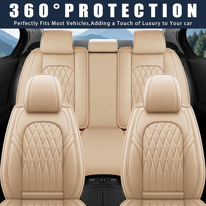 WELLDO Nappa Faux Leather Car Seat Covers Full Set, 5Seats,Beige | Eazy to clean,Easy to install ,Waterproof, Non-Slip,Scratch-resistant, Universal Fit for Most Cars, SUVs, Pickup Trucks - Image 8