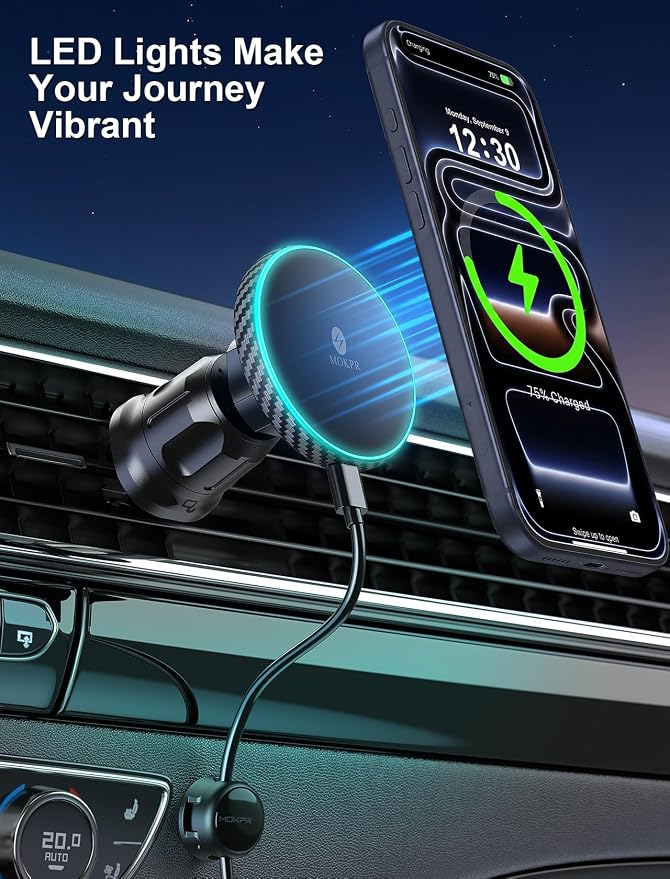 for iPhone Magsafe Car Mount Charger Vent-LED Wireless Car Charger | Magnetic Car Phone Holder HandsFree Car Mount Fast Car Charger for iPhone 17/16/15/14/13/12 Series Carbon Firber - Image 7