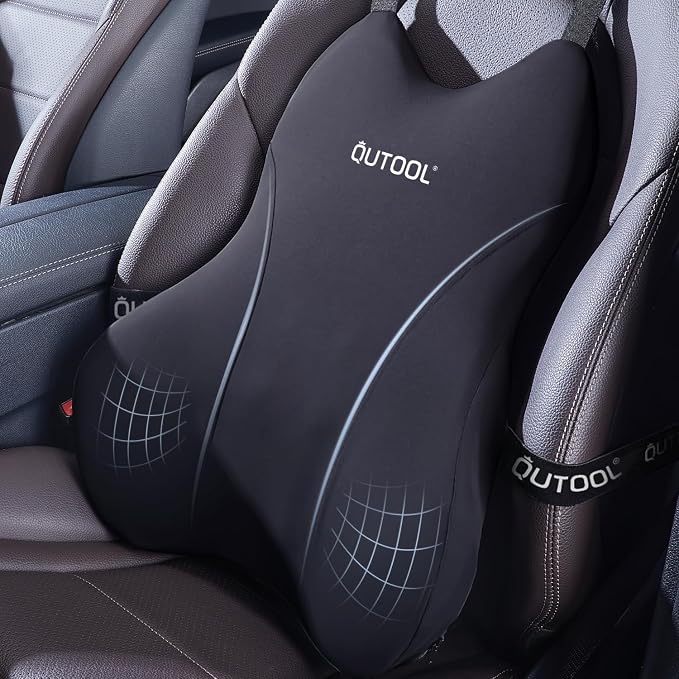 Patented Lumbar Support Pillow for Car, Truck Accessories Travel Essentials, Memory Foam Back Cushion for Driving Seat, Back Pain Relief,Washable Cover, Lower Back Support Fits Most Cars(Black) by QUTOOL