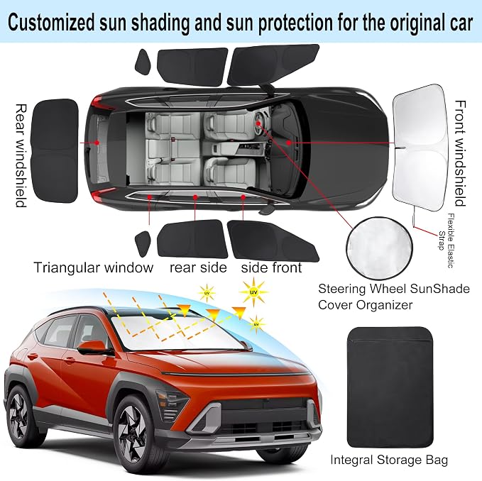 Windshield Sun Shade Car Windshield Foldable Full Windows Coverage Custom Fit for 2024-2026 Hyumdai Kona Accessories Car Window Shades Block Sun UV Rays 8PCS - Image 3