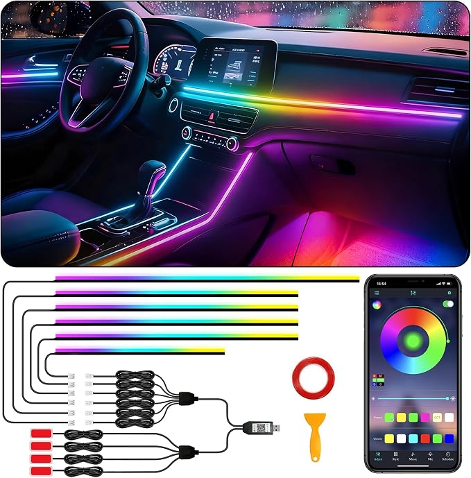 Acrylic Interior Car LED Strip Lights, USB Dreamcolor (10 in 1) | Acrylic LED Lights for Car with Wireless APP and Button Control, RGB Dynamic Chasing, Music Sync Ambient Lighting Kits by SAMGCHI