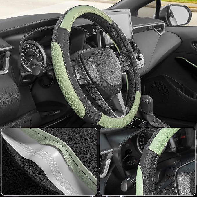 SEG Direct Steering Wheel Cover 14.5-15 inch Car Auto Interior Accessories | Universal Medium Standard Size 37-39cm for Car Truck SUV, Microfiber Leather, Anti-Slip Comfortable Grip, Black Pastel Green - Image 3