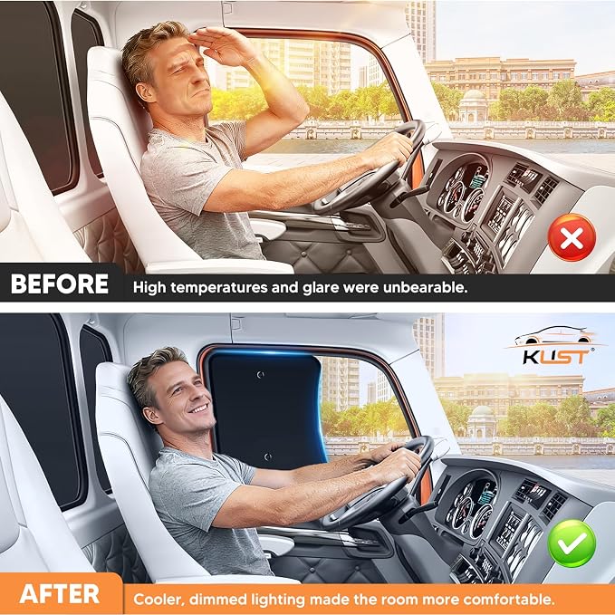 KUST 20''x16.9'' Side Window Sun Shade for Semi Truck, Kenworth T680 / T880 / W990 (All Years) Black&Silver Side Window Shade for T680 / T880 / W990, Sunshade with Suction Cup, Glare Sun UV Rays 2PCS - Image 6