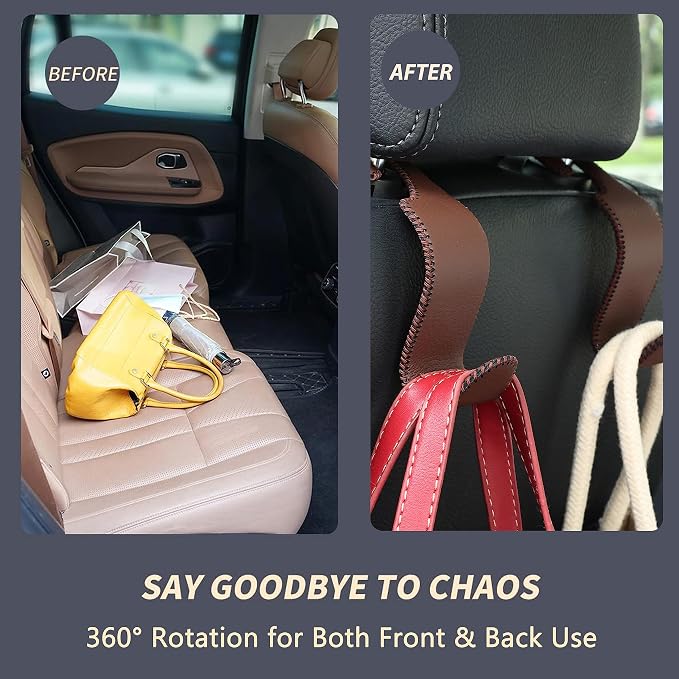4-Pack Car Headrest Hooks Holds 55lbs Seat Storage Organizer for Bags | Fiber Leather, Durable Metal, Car Hanger for Backpack Umbrella Water Bottle Coat Purses Handbags Groceries, Brown - Image 3