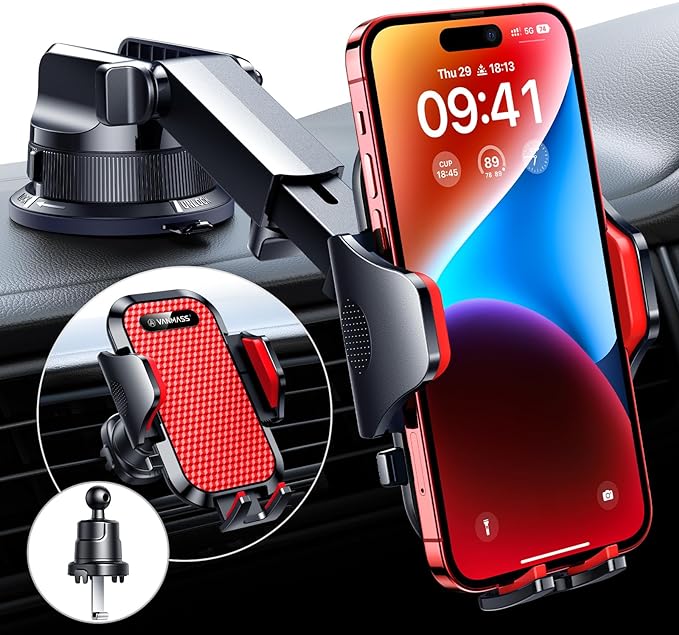 VANMASS [True Military-Grade] Car Phone Holder [Best Suction & Clip] Cell Phone Mount for Dashboard Windshield Vent Truck Cradle Dash Stand for iPhone 15 Pro Max 14 13 12 Android, Red by VANMASS