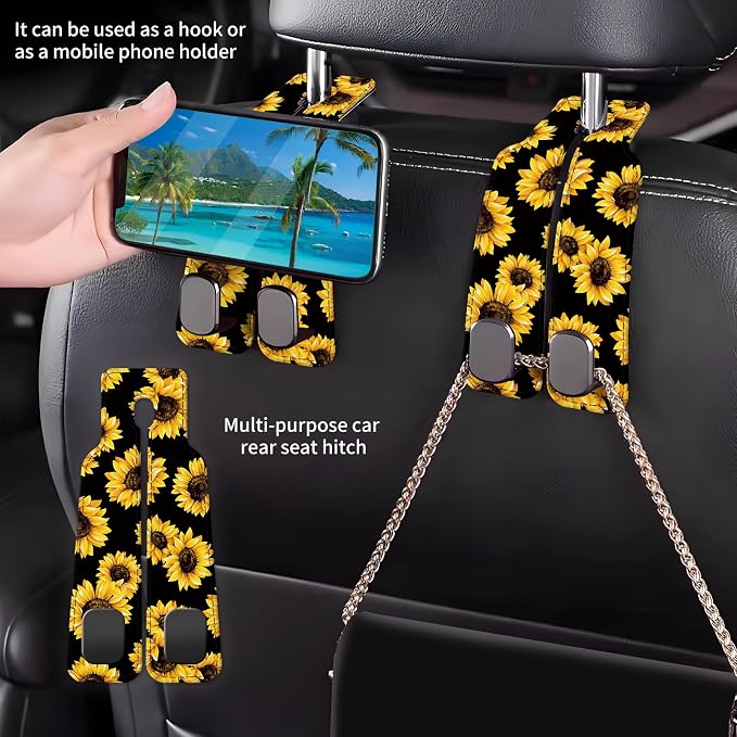 Car Seat Back Storage Headrest Hook, Premium Leather Double Metal Hook, Hanger Storage Organizer for Purse Cloth Bag, Car Interior Accessories Cute Yellow Sunflowers - Image 2