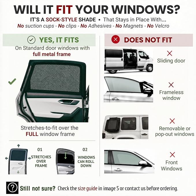 SM/RL Car Window Shades for Baby & Camping; 2-Pack/8 Sizes. Stretch-to-Fit Up to H:24" x W:39" Rear Windows. Blocks 96.25% UV Tested, Breathable Full-Coverage Mesh Bug Screens | Qualizzi® - Image 9