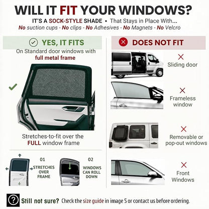 XL/Car Side Window Shades for SUV. 8 Sizes/2 Pack. Stretch-to-Fit Mesh for Rear Windows Up to H:20" x W:46". Sun, Heat & Bugs Protection, Blocks 96% UVA. Camping Windows Screens | Qualizzi® - Image 8