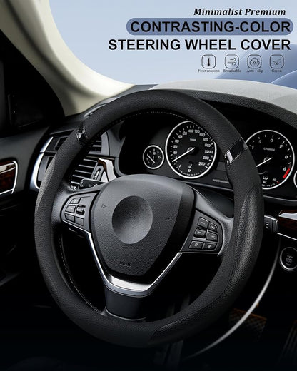 Cxtiy Car Steering Wheel Cover for Men Women Universal Leather Steering Covers for Car SUV (Full-Black) - Image 2