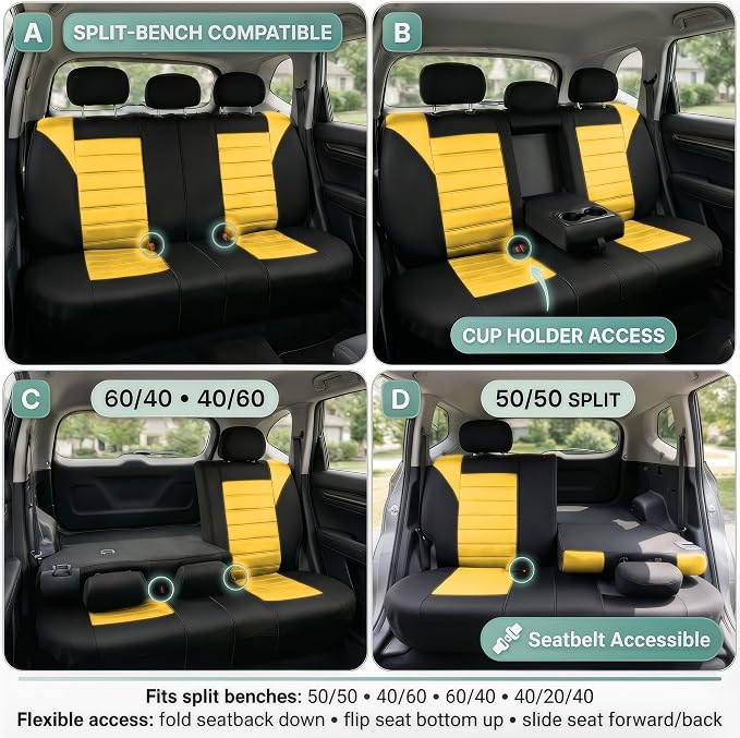 FH Group Automotive Car Seat Covers Rear Set Premium 3D Air Mesh Seat Covers, Airbag Compatible and Split Bench Cover Universal Fit Interior Accessories for Cars Trucks and SUVs - Yellow - Image 2