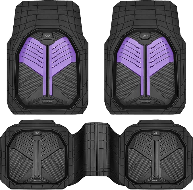 CAR PASS Heavy Duty Rubber Car Mats, Deep-Dish Car Floor Mats All Weather, Universal Two-Tone Trim-to-Fit for SUVs Trucks Sedans, Waterproof Anti-Slip, 3 Pieces V12 Black and Metallic Purple by CARPASS