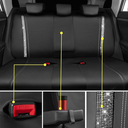 CAR PASS Bling Rhinestone&Leather Back Seat Cover, Waterproof Bench Rear Seat Cover Shining Diamond Universal Fit Automotive Glitter Crystal Sparkle Strips for Kid Women Girl, Silver Diamond - Image 3
