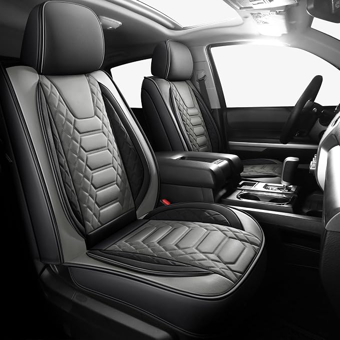 FREESOO for Toyota Tundra Seat Covers 2007-2021 Crewmax Cab 2 Front Set | 2pcs, Custom Fit, Airbag Compatible, Premium Waterproof Leather, for Truck Toyota Tundra Accessories, BlackGrey by FREESOO