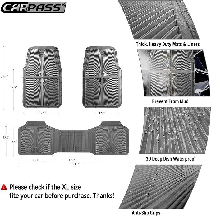 CAR PASS Gray Rubber Car Mats, All Weather Floor Mats Full Set, Waterproof Trim-to Fit Anti-Slip Easy Clean Heavy Duty Automotive Pad for Cars Trucks SUV Sedan Van, 3 Pcs All Grey Rubber - Image 3