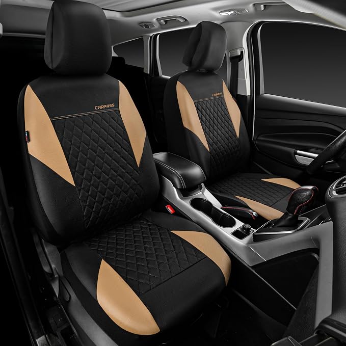 CAR PASS Quilting Leather Front Seat Covers, Automotive Waterproof Deluxe PU Premium Vinyl Luxury Two Front Seats Only Universal Fit for Cars Sedans SUVs Airbag Compatible,2 Pieces,Black&Beige - Image 3
