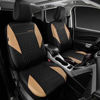 CAR PASS Quilting Leather Front Seat Covers, Automotive Waterproof Deluxe PU Premium Vinyl Luxury Two Front Seats Only Universal Fit for Cars Sedans SUVs Airbag Compatible,2 Pieces,Black&Beige - Image 3