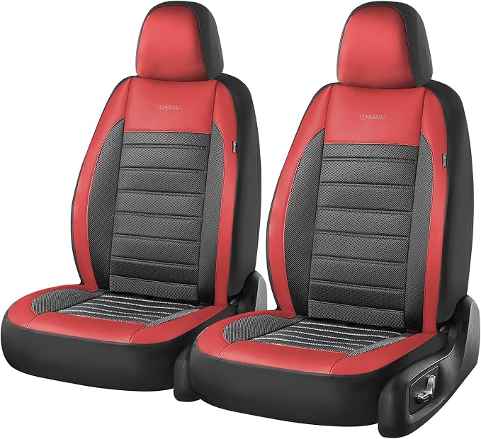 Coverado Car Seat Covers Front Seats, Luxury Leather Car Seat Covers, Automotive Mesh Seat Covers 2 Pack, Airbag-Compatible, Black Red Seat Covers for SUV Sedan Truck - Image 7