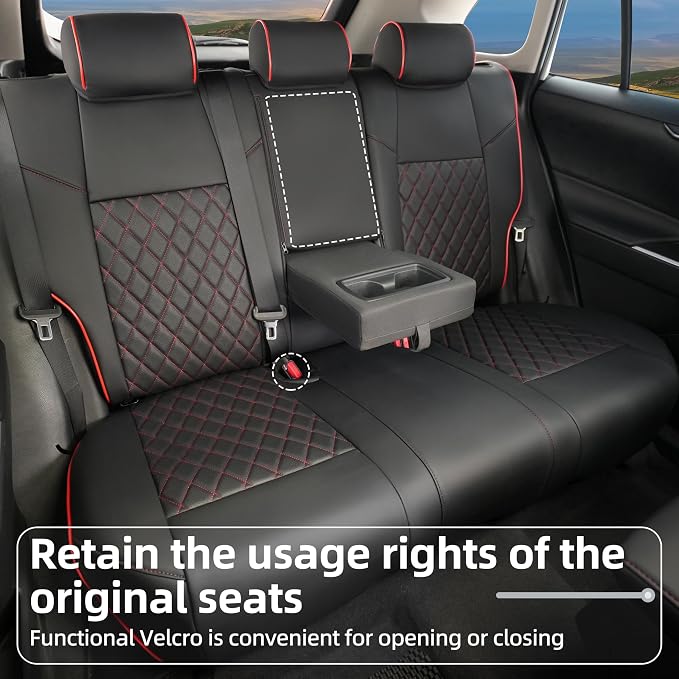 Lolcar Rav4 Seat Covers Custom Fit for Toyota Rav4 (for Hybrid) 2019-2025 LE,XLE,XLE Premium,Limited,Woodland Edition, Leather Truck Seat Cover Full Set for SUV,Faux Leather（Black with Red Trim） - Image 4