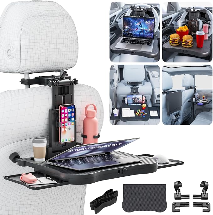 Car Back Seat Tray Table for Older Kids & Passengers, Road Trip Travel | Sturdy Desk Holds Laptop/Meals, 360° Rotatable Phone Holder & Dual Cup Slots, Adjustable Height for Older Kids & Adults by Qlhshop