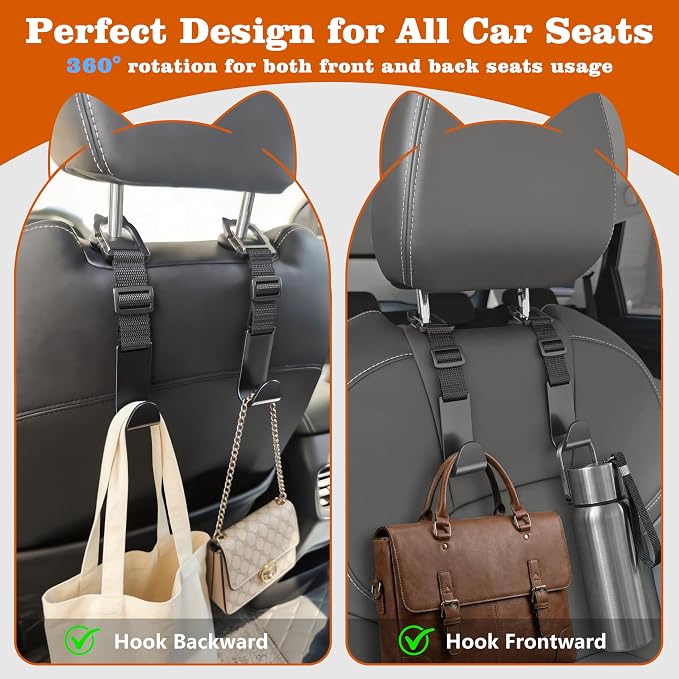 Amooca Anti-drop Car Headrest Hooks 4 Pack Seat Organizer for Bags | Universal Fit Cars SUV Truck, Adjustable, Holds Backpack Water Bottle Handbags Groceries, 40lb Heavy Duty, Clip Design - Image 3