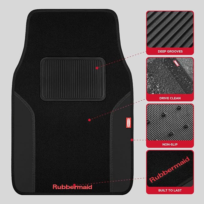 Rubbermaid Car Mats, Carpeted Floor Car Mat with Faux Leather & Built-in Heel Pad, Two-Tone Car Rug Floor Mats, Stylish Carpeted Floor Mats for Cars, Trucks & SUVs Black Color - Image 3