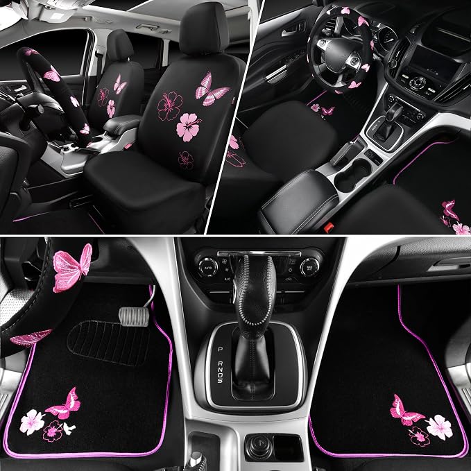 CAR PASS Universal Cloth Butterfly Car Seat Covers Full Set, Embroidered Flower Waterproof Car Floor Mats Carpet, Butterflies Steering Wheel Cover for Car Accessories Interior Sets (Black and Pink) - Image 4