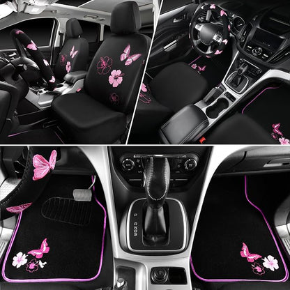 CAR PASS Universal Cloth Butterfly Car Seat Covers Full Set, Embroidered Flower Waterproof Car Floor Mats Carpet, Butterflies Steering Wheel Cover for Car Accessories Interior Sets (Black and Pink) - Image 4