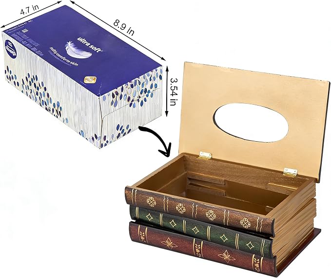 Retro Wooden Antique Book Tissue Box Cover Rectangular Home Library Decor | Crafted Decorative Tissue Holder Dispenser Paper Cover Case Napkin Holder for Bathroom living room office car kitchen - Image 2