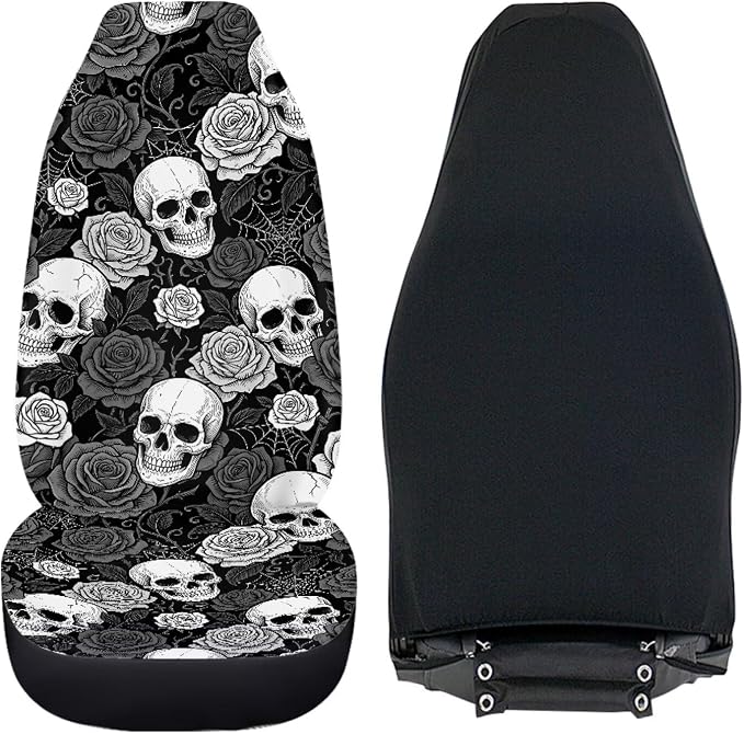 Black White Skull Rose Car Seat Covers Front Seats Bucket Covers | Gothic Halloween Spider Web Automotive Interior Decor Accessories Universal for SUV, Sedan, Van, Truck - Image 4