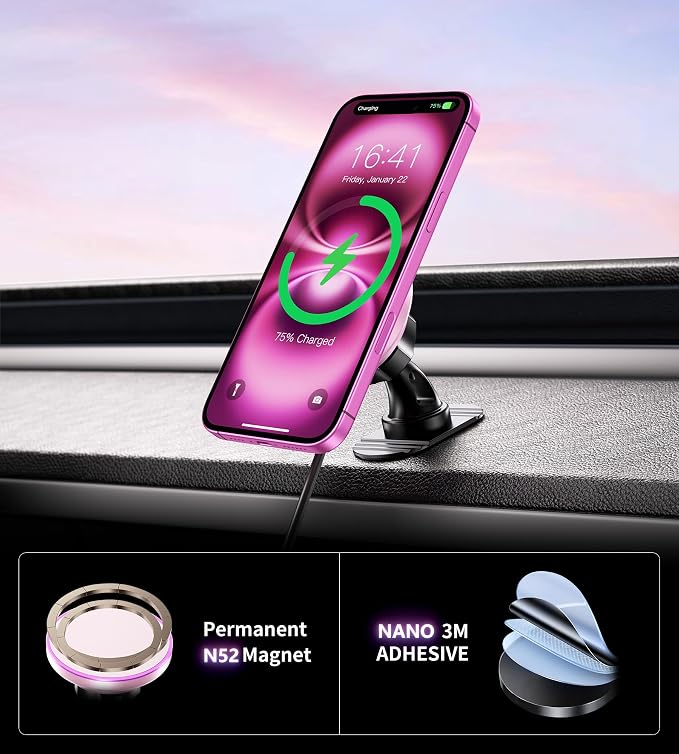 BHHB for Magsafe Car Mount Charger, [2026 Upgrade] 15W 2in1 Magnetic Wireless Car Charger, for Magsafe Car Charger, Vent/Dashboard Phone Holder, ONLY for iPhone 17 16 15 14 13 12 Series (Pink) - Image 6