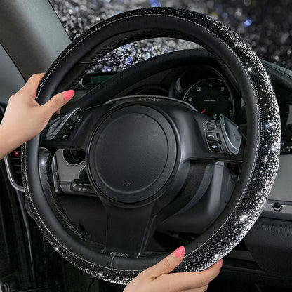 CAR PASS Bling Diamond Leather Steering Wheel Cover, Bling Sparkly Crystal Glitter Rhinestones Universal Fit 14" 1/2-15" Car Wheel Protector for Women Girl Fit Suvs,Vans,Sedans,Trucks, Black Silver - Image 2