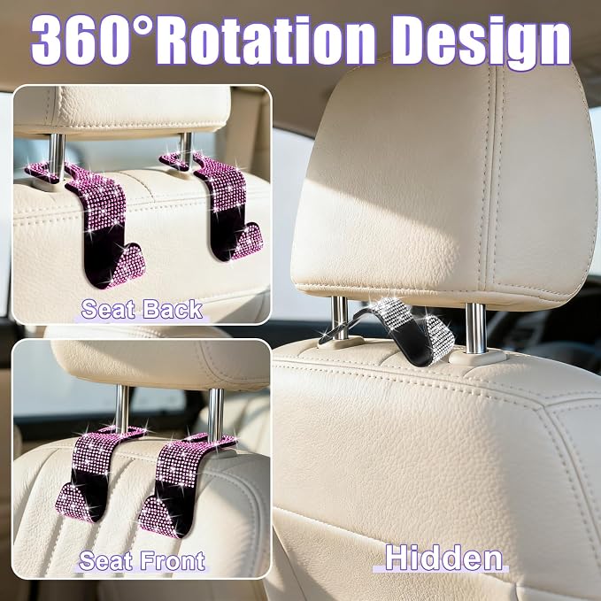 BFXM 6 Pack Car Seat Headrest Hooks,Car Accessories Bling Pink | Back Seat Purse Hanger Holder Hook, Universal Storage Organizer for Handbag Grocery Bags Coats - Image 4