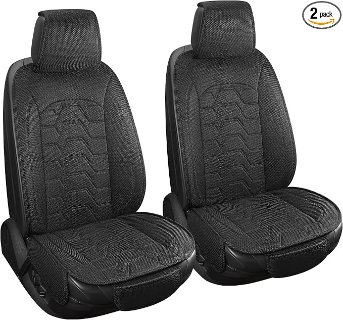 Linen Front Car Seat Covers Cloth Fabric Automotive Seat Protectors | Breathable Durable Anti-Slip All-Season Comfort Easy to Install Universal Fit for 95% of Cars Trucks SUVs Vans (Black, 2PCS) by Unknown