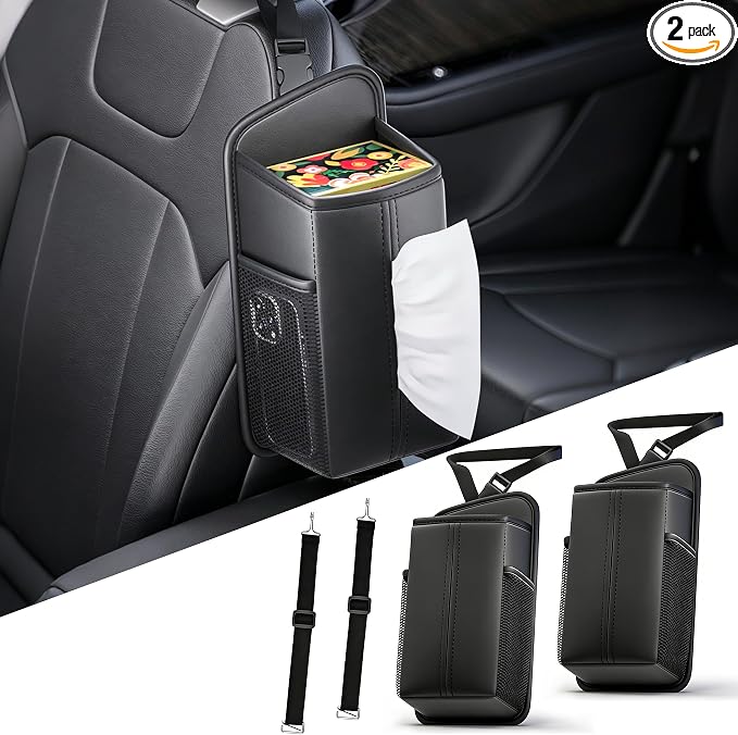 Car Tissue Holder for Front Seat (2 Pack) | Wide Refill Opening, 2 Side Mesh Pockets for Phones & Cards, Fits 150 Tissues, Durable PU Leather by Unknown