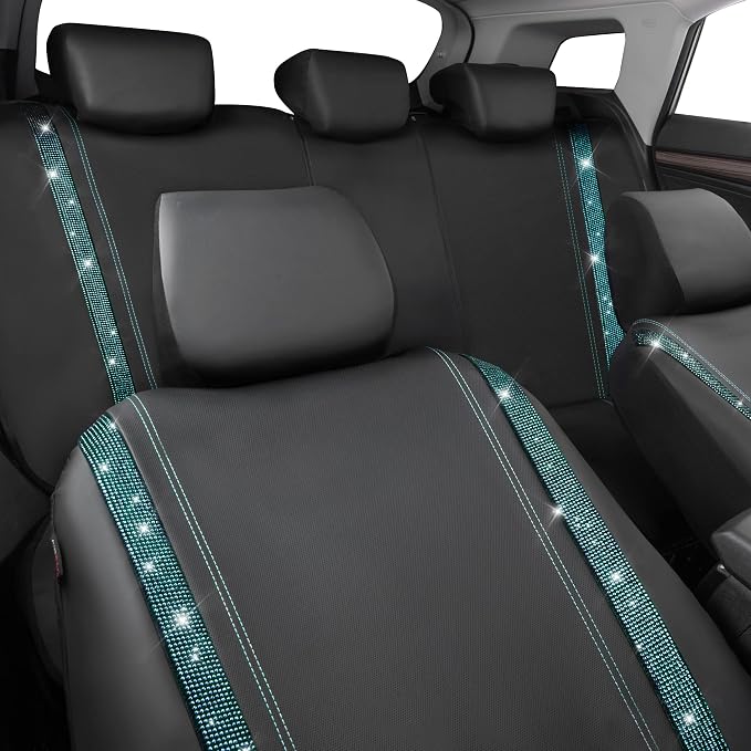 CAR PASS Bling Car Seat Covers Full Set, Shining Rhinestone Diamond Waterproof Faux Leather Universal Fit 95% Automotive Glitter Crystal Sparkle Strips for Cute Women Girl, Full Set (Mint Diamond) - Image 9