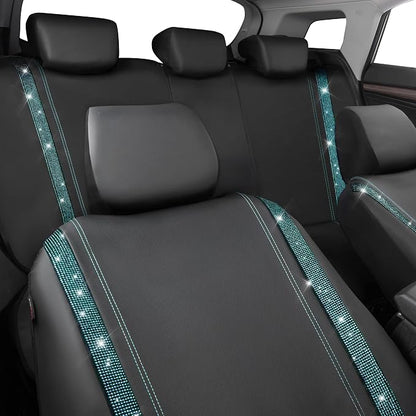 CAR PASS Bling Car Seat Covers Full Set, Shining Rhinestone Diamond Waterproof Faux Leather Universal Fit 95% Automotive Glitter Crystal Sparkle Strips for Cute Women Girl, Full Set (Mint Diamond) - Image 9