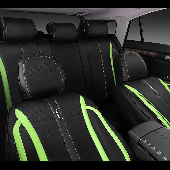 CAR PASS Fluorescent Green & Nappa Leather Seat Covers Full Set, with Backrest Cushion Protector Waist Protection Universal Fit for SUV Pick-up Truck, Automotive Vehicle Interior (Black Green) - Image 4