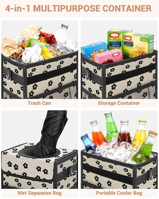 Capolo Car Trash Can with Lid, Leakproof Car Garbage Can Car Trash Bag | Waterproof, Trash Can for Car, 3 Mesh Pockets, Mini Hanging Vehicle Car Trash Bin, for Back/Front Seat (Black Flower,3 Gal) - Image 5